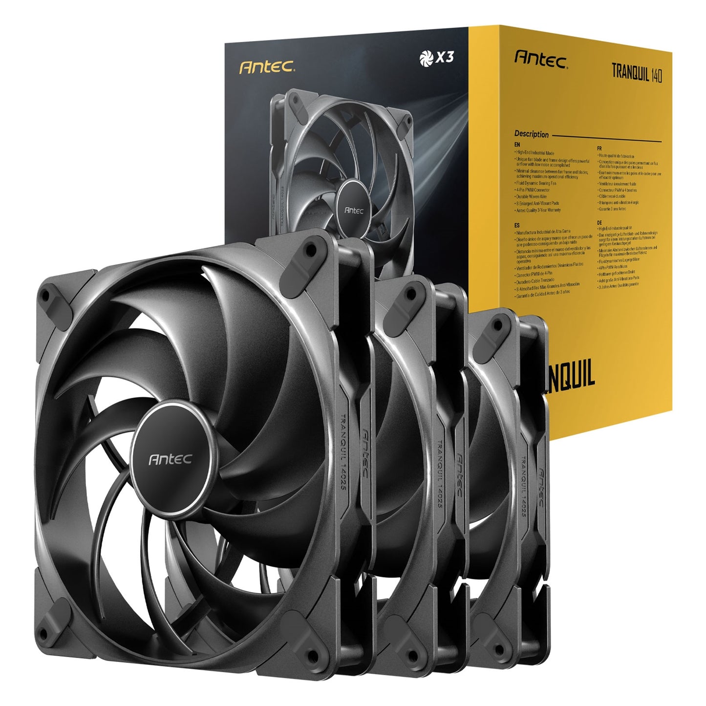 Antec Tranquil 140 PWM Case Fan, 3 Pack, Fluid Dynamic Bearing, 450-1500 RPM, Black
