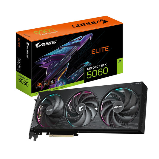 AORUS GeForce RTX 5060 ELITE GDDR7 Graphics Card, 3840 CUDA Cores, 2722 MHz Core Clock, Triple Fan, 3x DisplayPorts / 1x HDMI Port