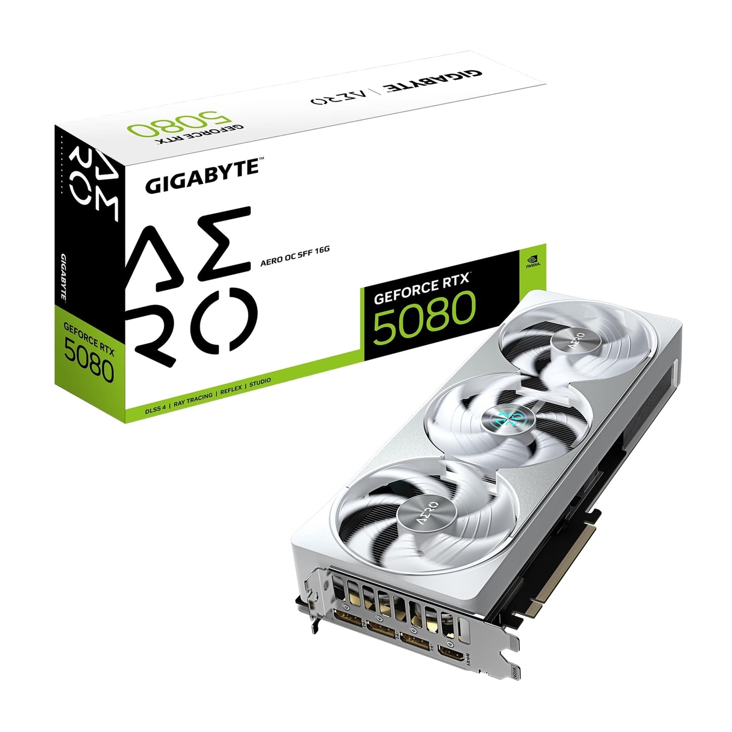 Gigabyte NVIDIA GeForce RTX 5080 AERO OC SFF 16GB GDDR7 Graphics Card, 10752 CUDA Cores, 2730 MHz Core Clock, Triple Fan, White, RGB, 3x DisplayPorts / 1x HDMI Por