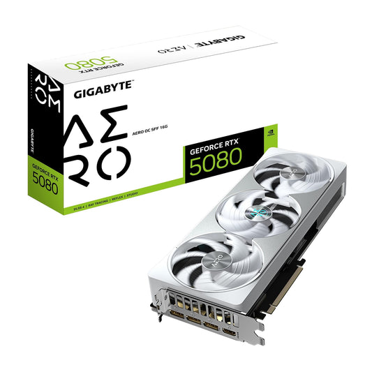 Gigabyte NVIDIA GeForce RTX 5080 AERO OC SFF 16GB GDDR7 Graphics Card, 10752 CUDA Cores, 2730 MHz Core Clock, Triple Fan, White, RGB, 3x DisplayPorts / 1x HDMI Por