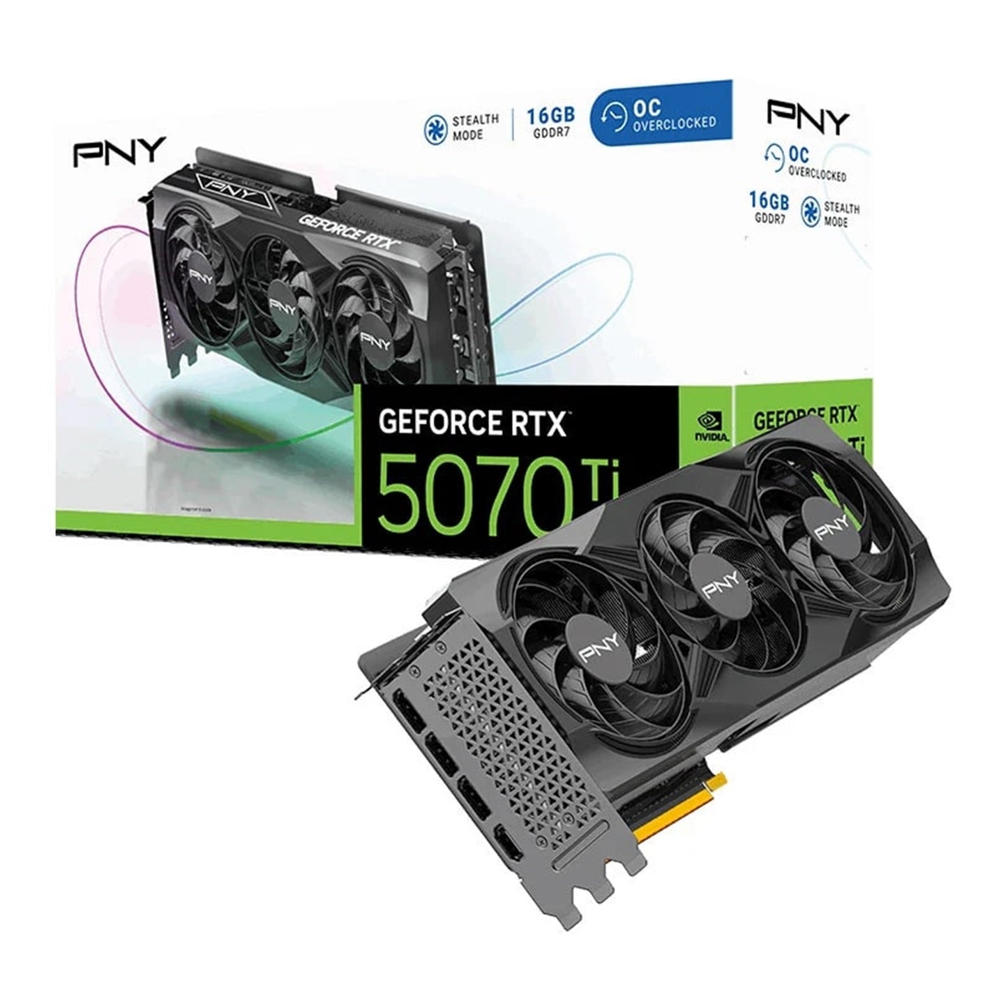 PNY NVIDIA GEFORCE RTX 5070 Ti OC16GB, GDDR7 Graphics Card, 8960 Cuda Cores, 2295 MHz Core Clock, Triple Fan, 3 x Display Ports/ 1 x HDMI Port