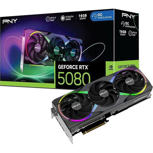 PNY NVIDIA GEFORCE RTX 5080 ARGB EPIC-X RGB OC16GB, GDDR7 Graphics Card, 10,752 Cuda Cores, 22.3GHz Core Clock, Triple Fan, 3 x Display Ports/ 1 x HDMI Port