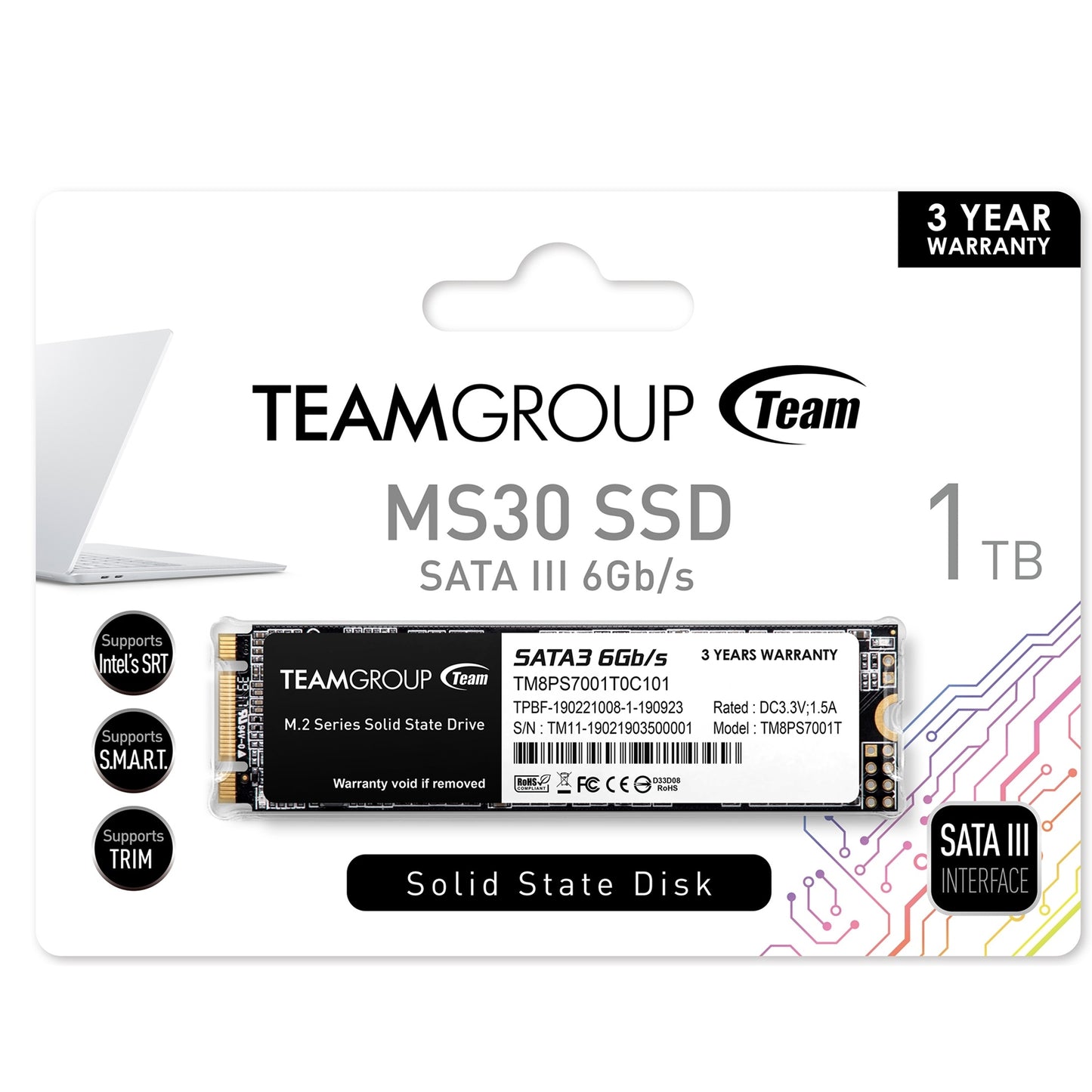 Team MS30 (TM8PS7001T0C101) 1TB, M.2 Sata Interface, PCIe Gen3, Read 530MB/s, Write 480MB/s, 3 Year Warranty