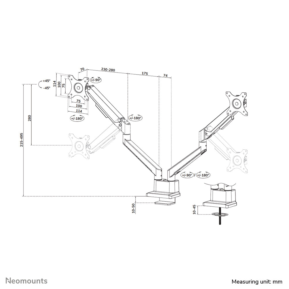 Neomounts DS70-250WH2 Monitor arm 17-32" - gas spring - Topfix - 180°-stop