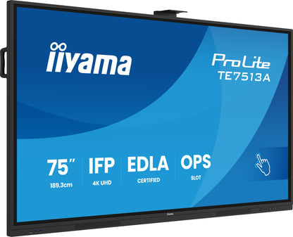 iiyama TE7513A-B2AG Signage Display Interactive flat panel 190.5 cm (75") Wi-Fi 500 cd/m² 4K Ultra HD Black Touchscreen Built-in processor Android 24/7