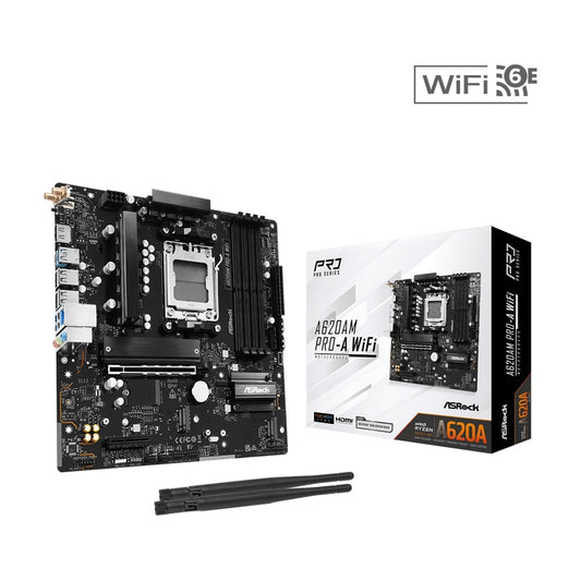 ASRock A620AM PRO-A WIFI AMD Socket AM5 Motherboard, 4 x DDR5 DIMM Slots, 1 x M.2 Socket (Key E), 2 x USB 3.2 Type-C, 2.5G LAN, 802.11axe Wi-Fi 6E Module, 1 x HDMI Port