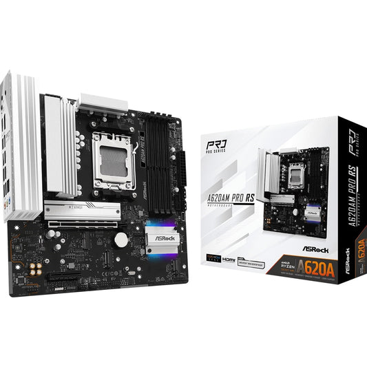 ASRock A620AM PRO RS AMD Socket AM5 Motherboard, 4 x DDR5 DIMM Slots, 1 x M.2 Socket (Key E), 2 x USB 3.2 Type-C, 2.5G LAN, 1 x HDMI Port/ 1 x Display Port