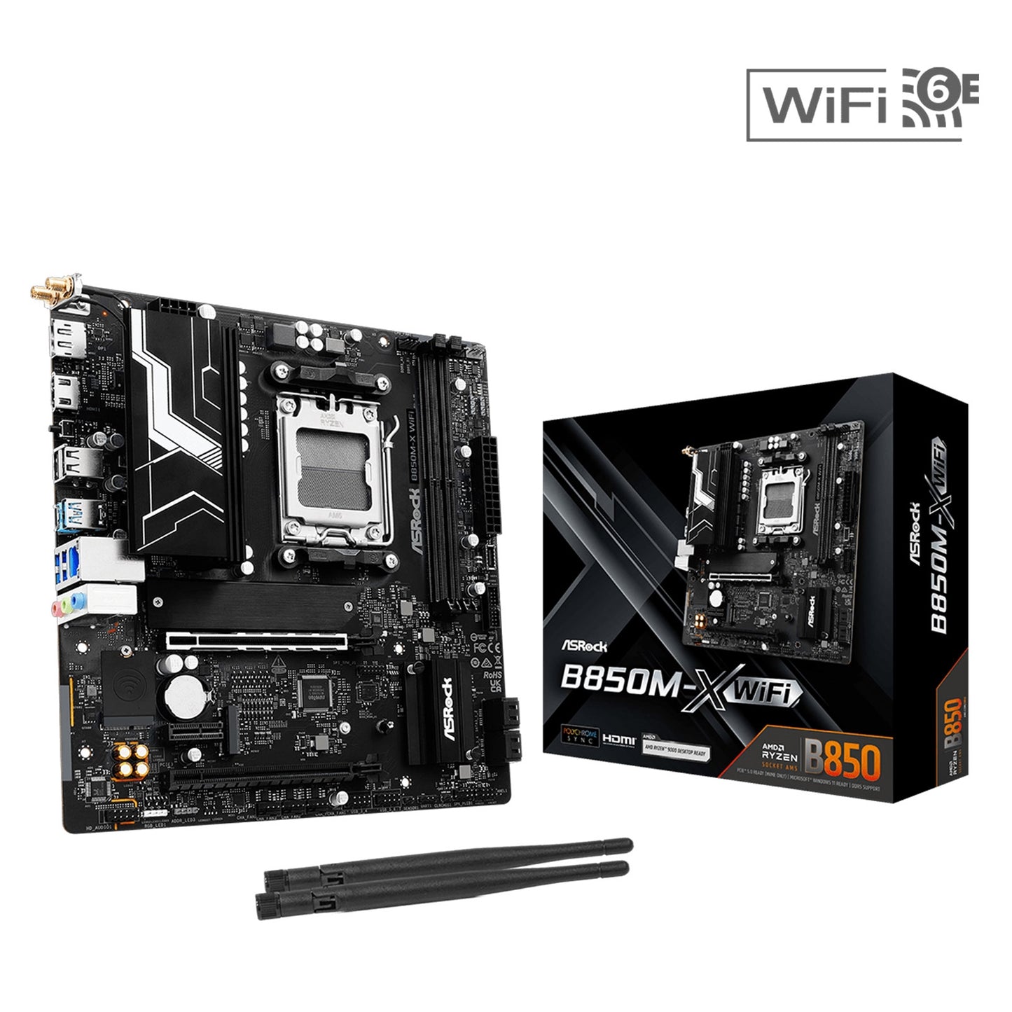 ASRock B850M-X WiFi AMD AM5 Socket Motherboard, Micro-ATX, 2x DDR5 Slots, 2x M.2 Sockets, 1x USB-C Port, 2.5GbE LAN, Wi-Fi 6E, 1x DisplayPort / 1x HDMI Port
