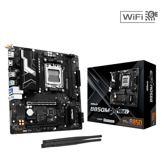 ASRock B850M-X WiFi AMD AM5 Socket Motherboard, Micro-ATX, 2x DDR5 Slots, 2x M.2 Sockets, 1x USB-C Port, 2.5GbE LAN, Wi-Fi 6E, 1x DisplayPort / 1x HDMI Port