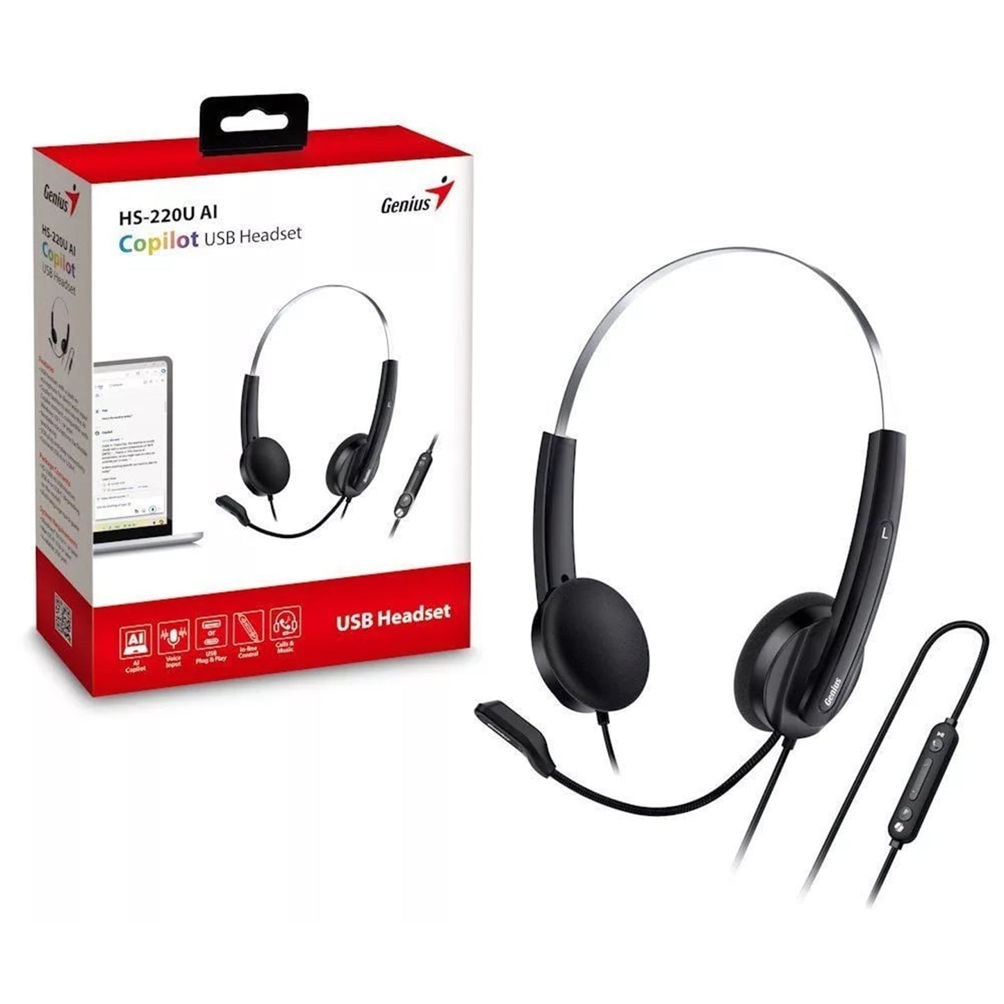 Genius HS-220U-C Copilot AI Ultra Lightweight Headset with Mic, USB-C Connection, Plug and Play, Adjustable Headband and microphone with In-line Volume Control, Black