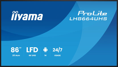iiyama LH8664UHS-B3AG Signage Display Digital signage flat panel 2.17 m (85.6") Wi-Fi 500 cd/m² 4K Ultra HD Black Built-in processor Android 24/7